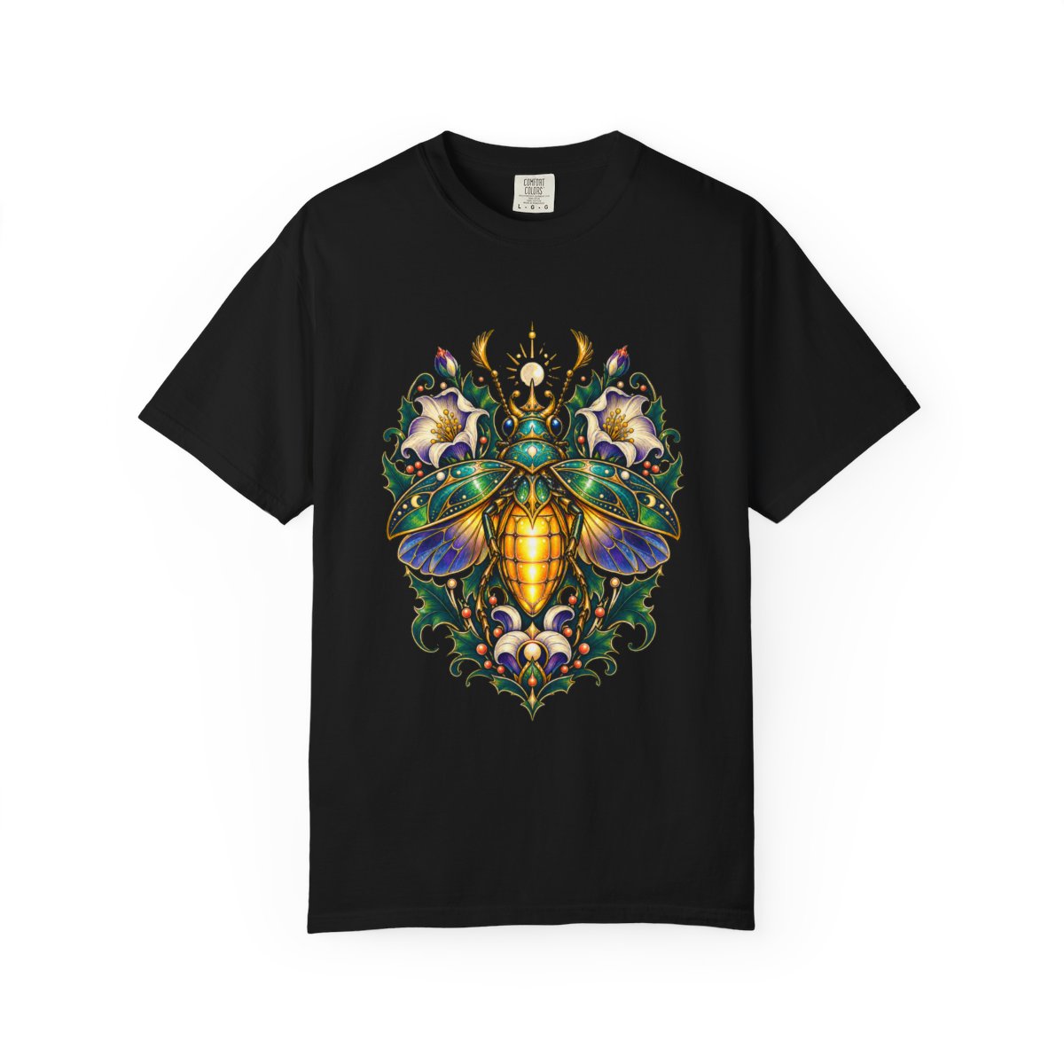 Lantern Beetle Tee large front print on a Black Comfort Colors 1717 tee