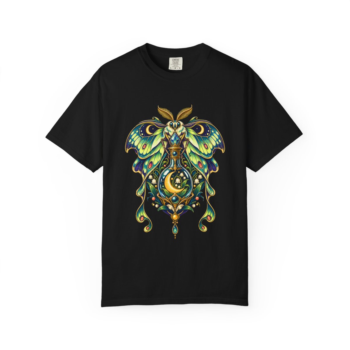 Moonwing Flask Tee large front print on a Black Comfort Colors 1717 tee