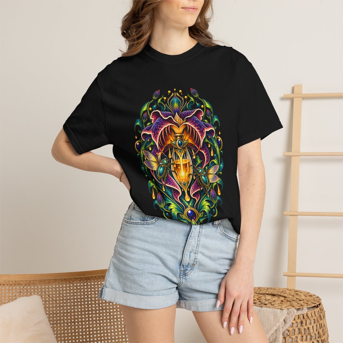 Night Nectar Tee worn Printify context view on a Black Comfort Colors 1717 tee