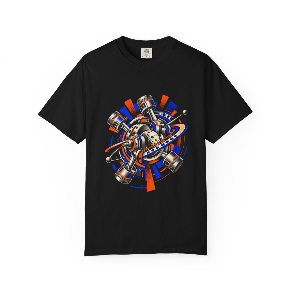 Orbit Engine Tee large front print on a Black Comfort Colors 1717 tee