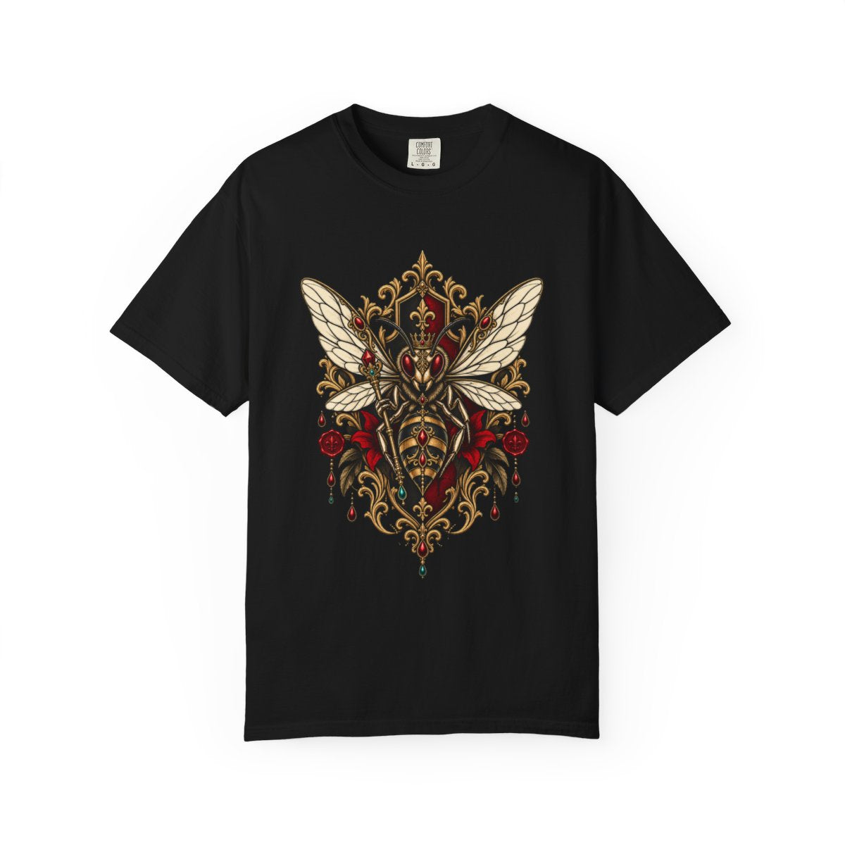 Hornet Queen Tee large front print on a Black Comfort Colors 1717 tee