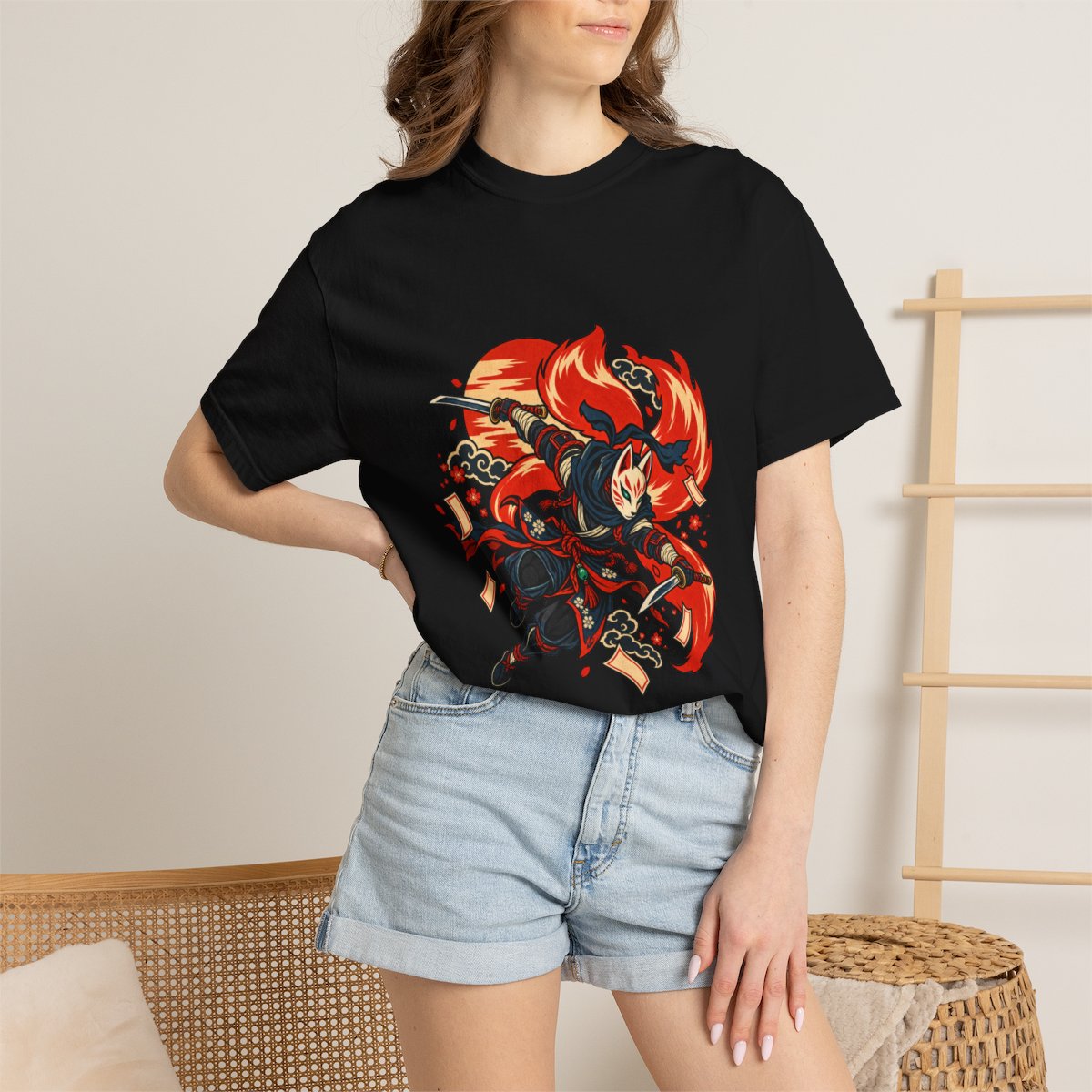 Kitsune Edge Tee worn Printify context view on a Black Comfort Colors 1717 tee