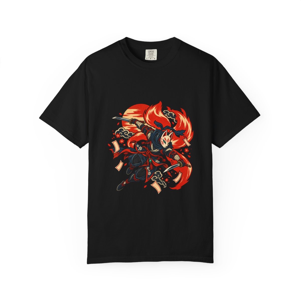 Kitsune Edge Tee large front print on a Black Comfort Colors 1717 tee