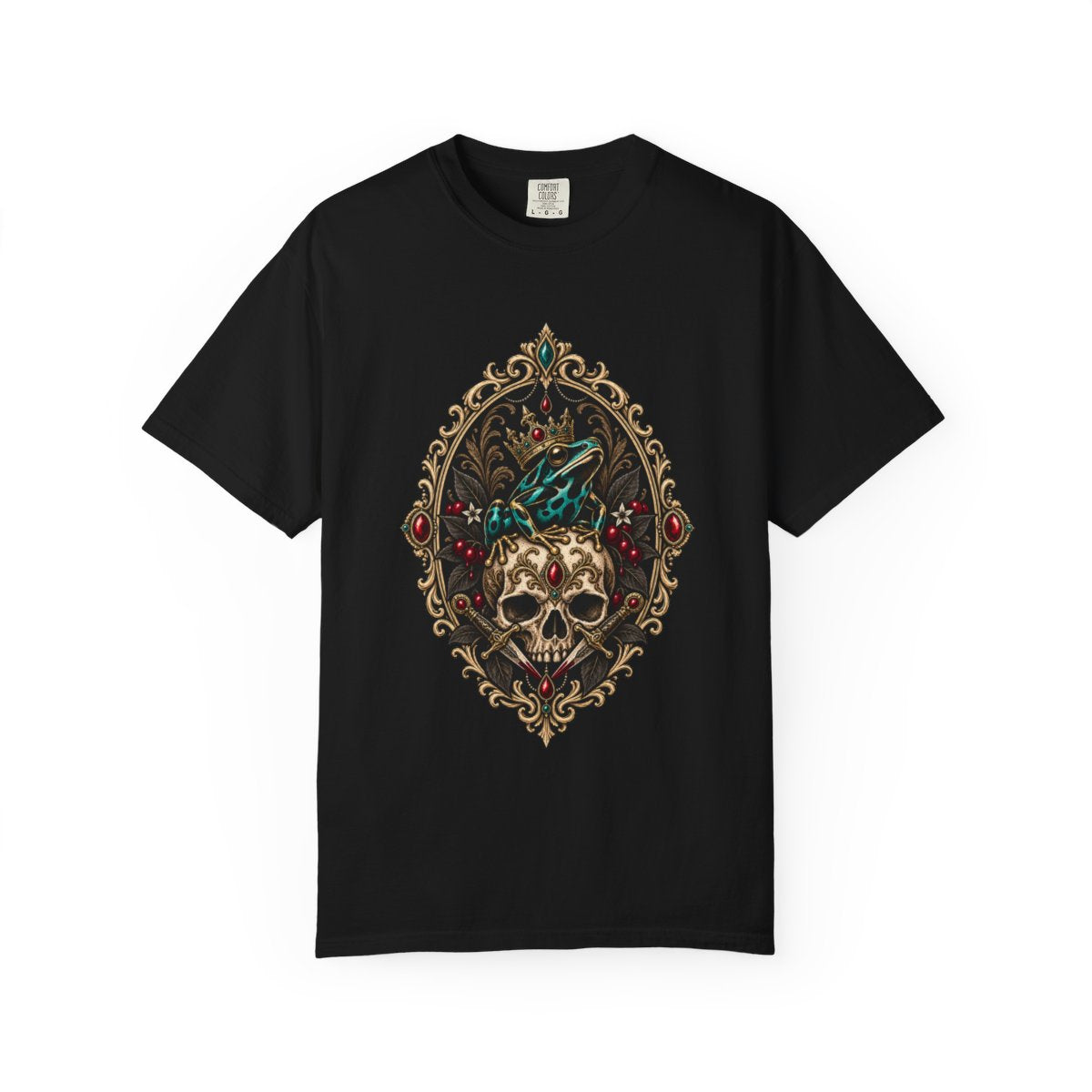 Poison Prince Tee large front print on a Black Comfort Colors 1717 tee