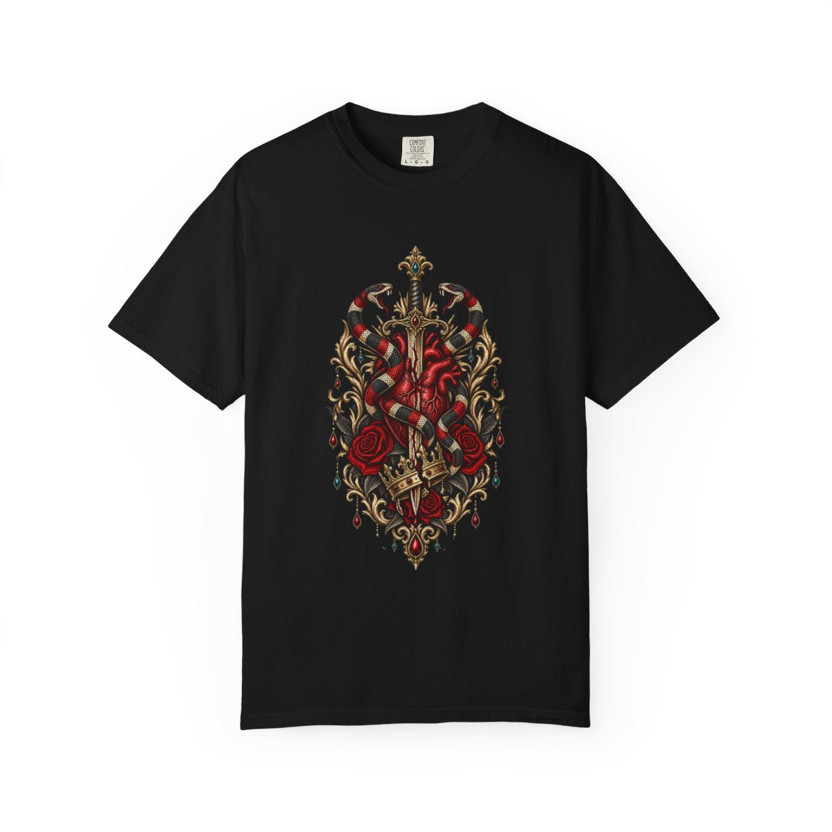 Serpent Heart Tee large front print on a Black Comfort Colors 1717 tee