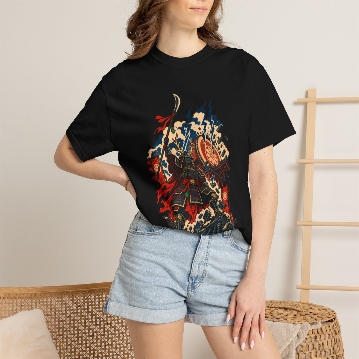Thunder Daimyo Tee worn Printify context view on a Black Comfort Colors 1717 tee