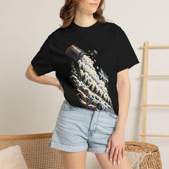 Avalanche Flask Tee worn Printify context view on a Black Comfort Colors 1717 tee