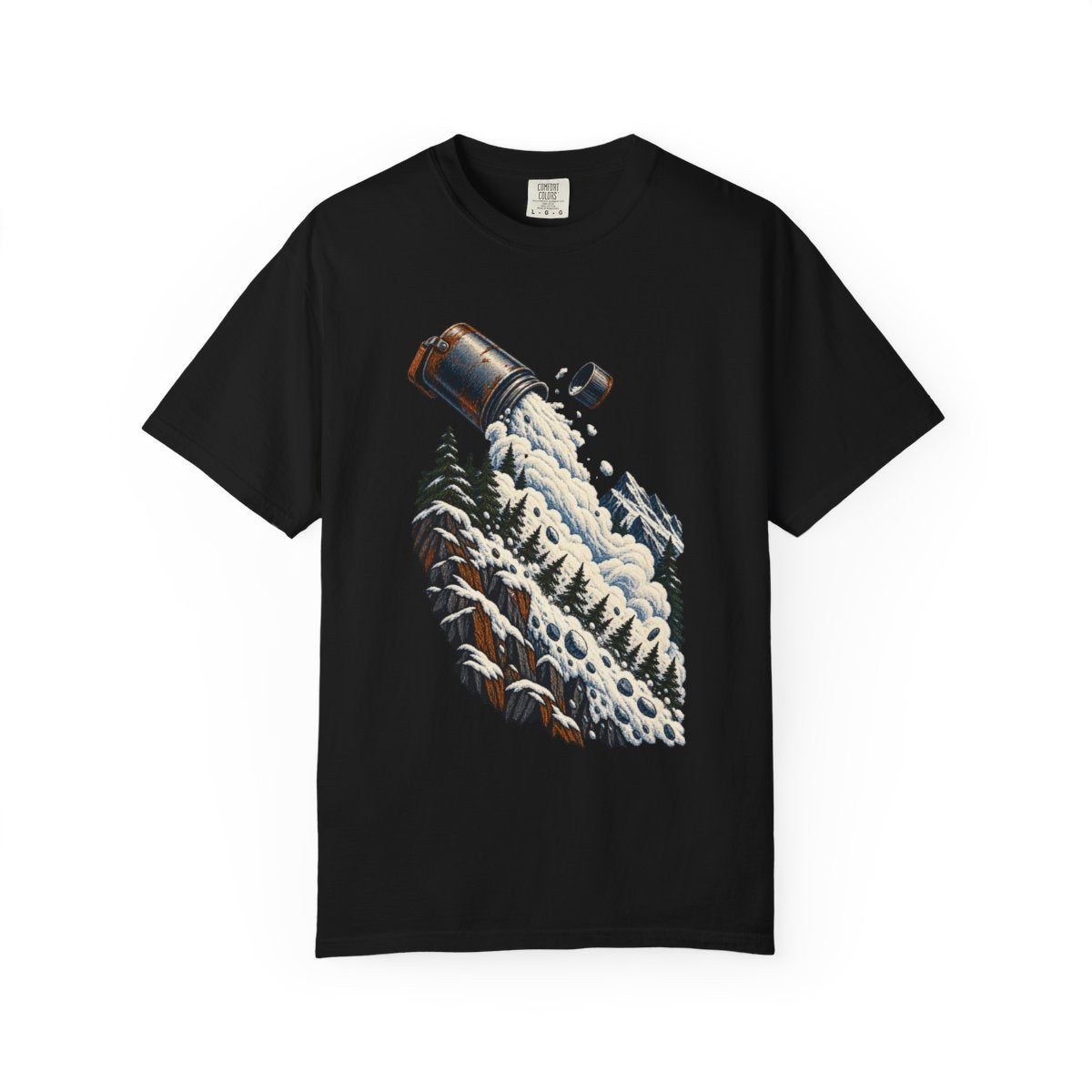 Avalanche Flask Tee large front print on a Black Comfort Colors 1717 tee