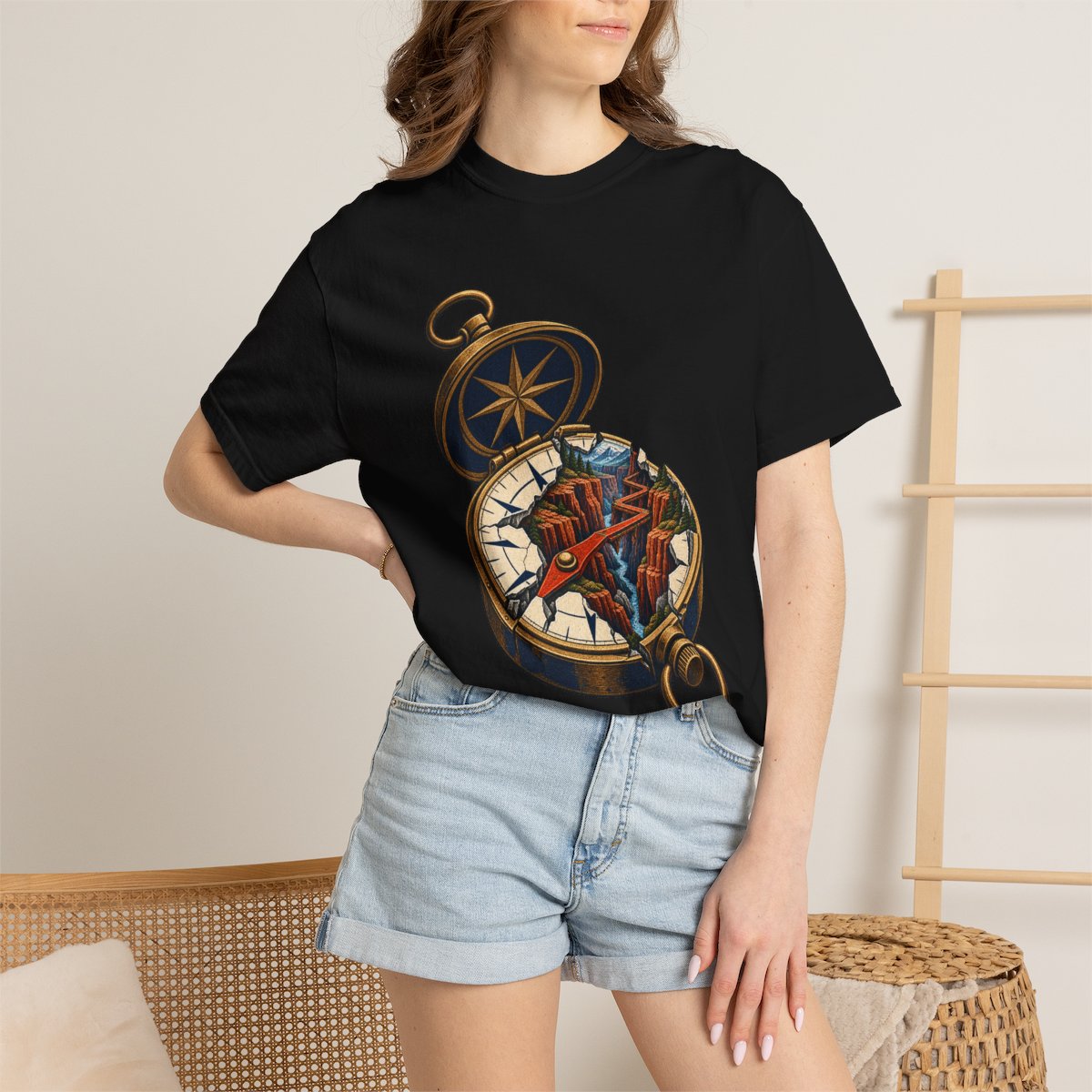 Canyon Compass Tee worn Printify context view on a Black Comfort Colors 1717 tee