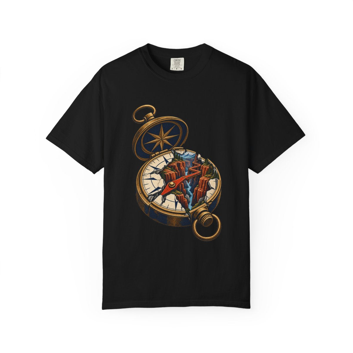 Canyon Compass Tee large front print on a Black Comfort Colors 1717 tee