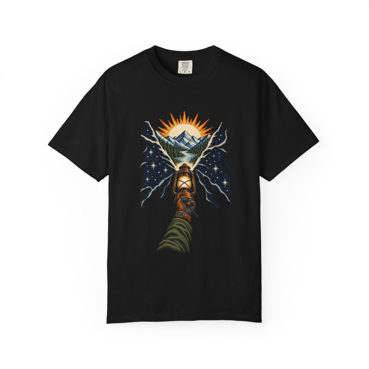 Dawn Signal Tee large front print on a Black Comfort Colors 1717 tee