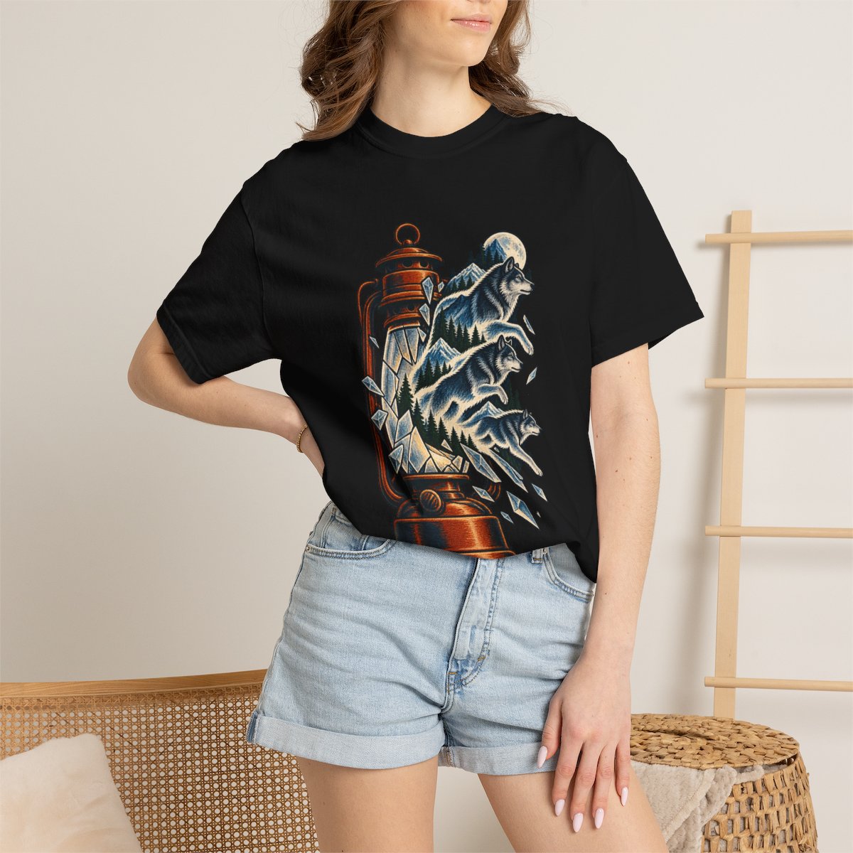 Wolfpack Lantern Tee worn Printify context view on a Black Comfort Colors 1717 tee