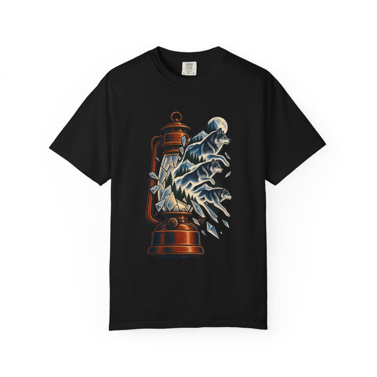 Wolfpack Lantern Tee large front print on a Black Comfort Colors 1717 tee