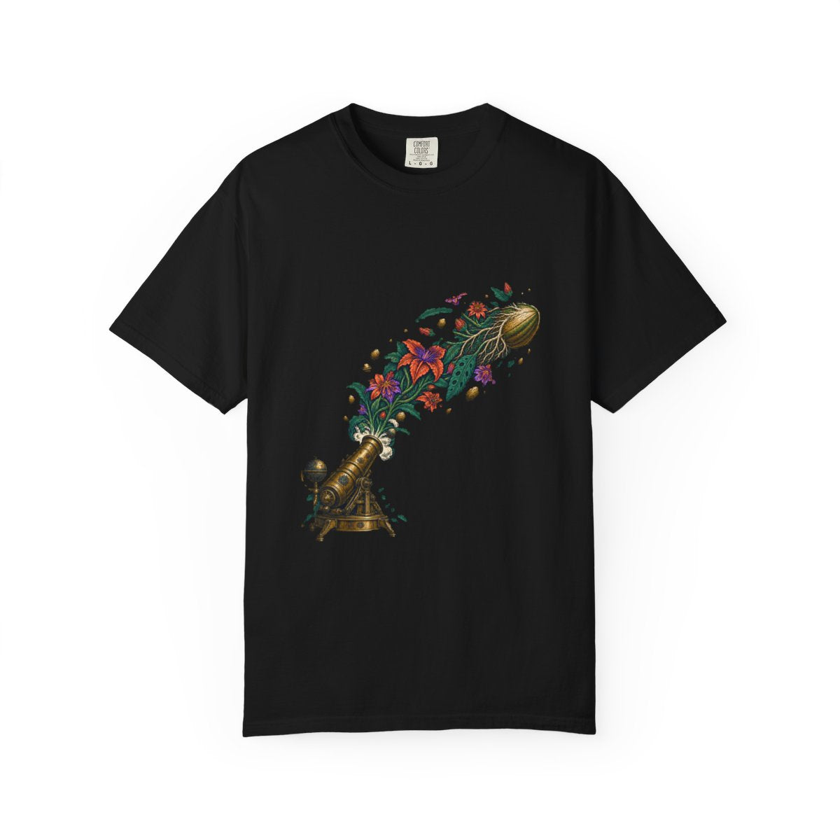 Comet Seed Tee large front print on a Black Comfort Colors 1717 tee