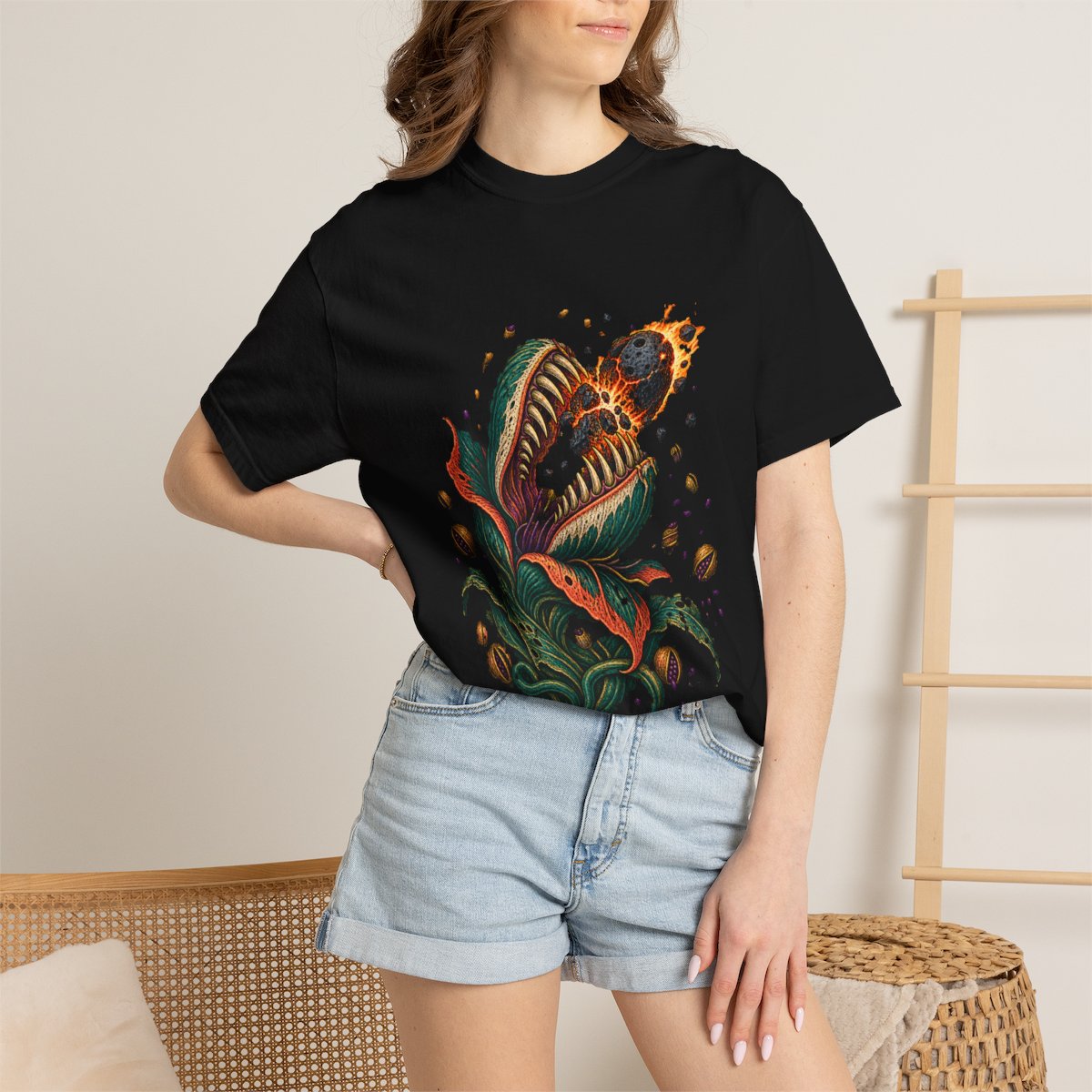 Meteor Bite Tee worn Printify context view on a Black Comfort Colors 1717 tee