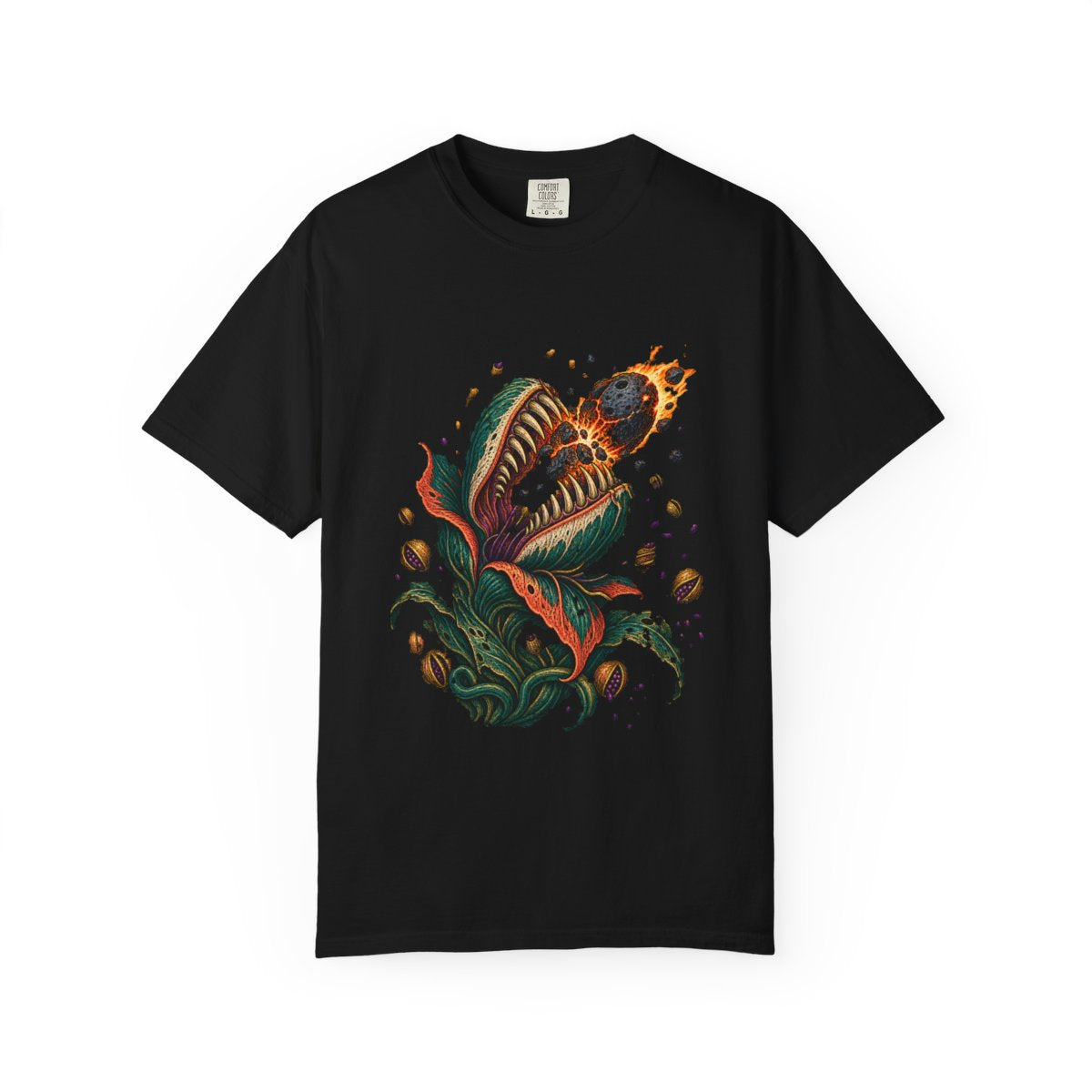 Meteor Bite Tee large front print on a Black Comfort Colors 1717 tee