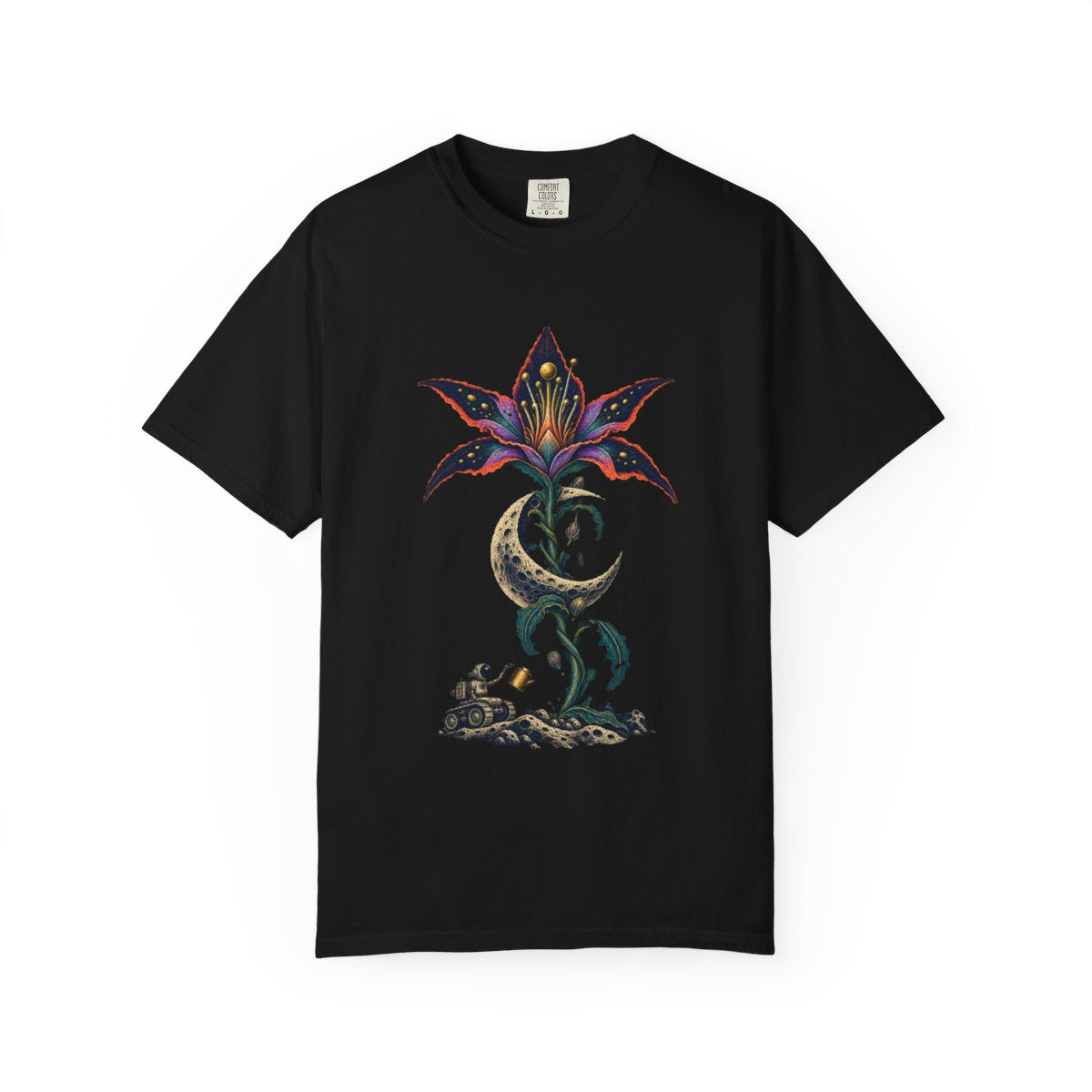 Moonwater Tee large front print on a Black Comfort Colors 1717 tee