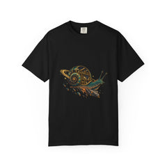 Shell Orbit Tee large front print on a Black Comfort Colors 1717 tee