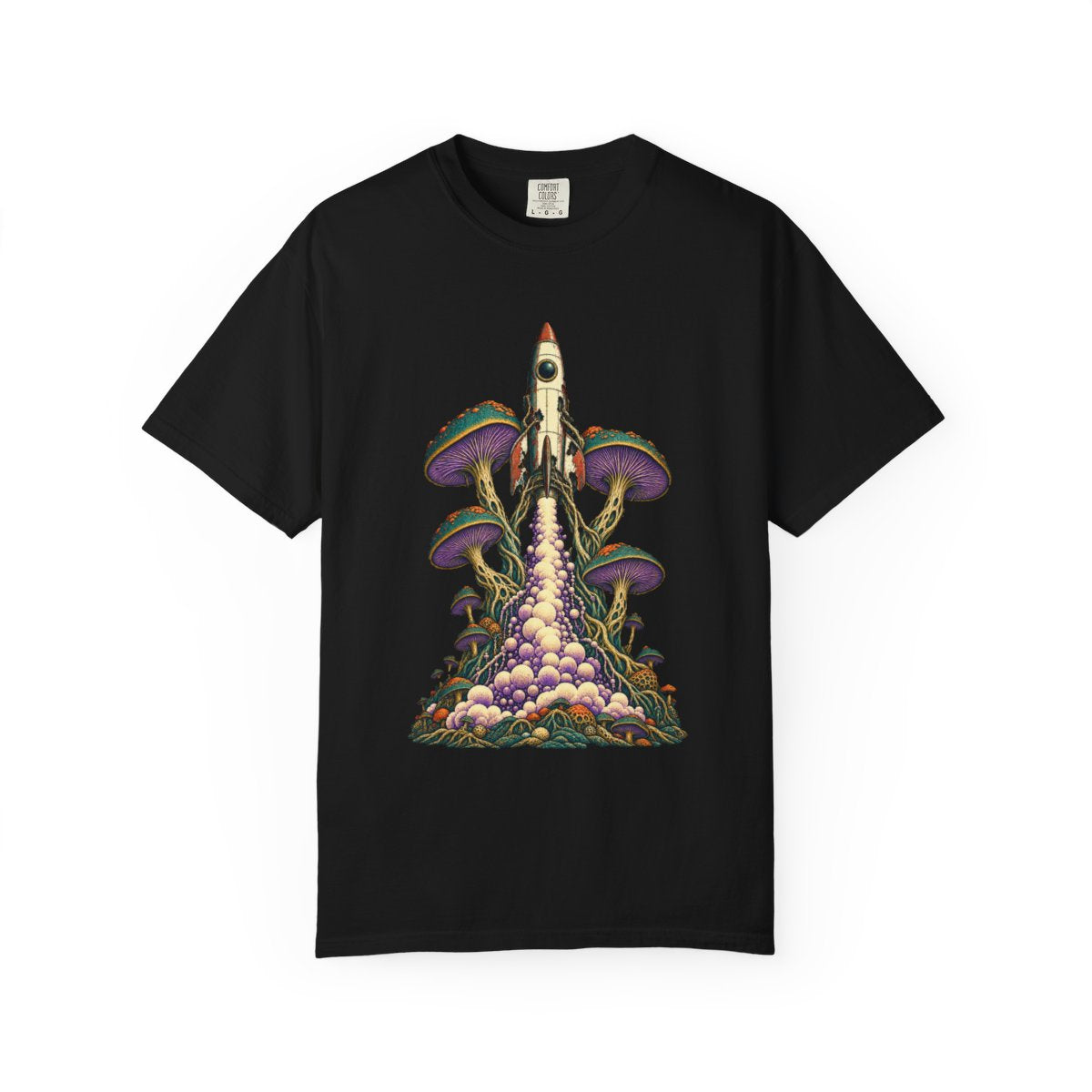 Sporelift Tee large front print on a Black Comfort Colors 1717 tee