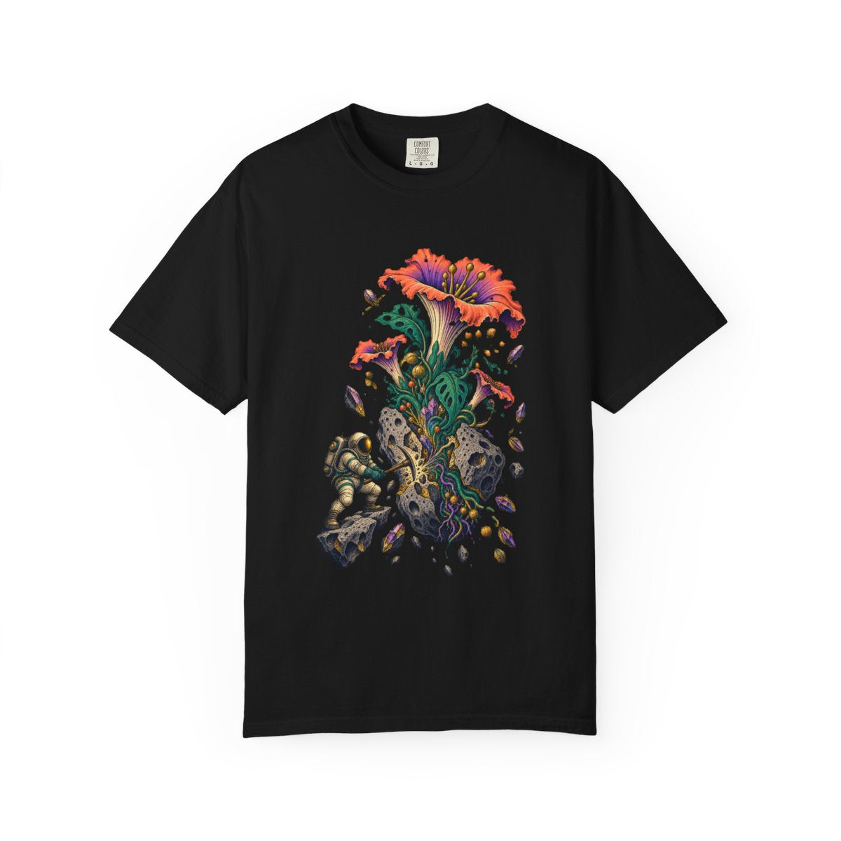 Stonebloom Tee large front print on a Black Comfort Colors 1717 tee