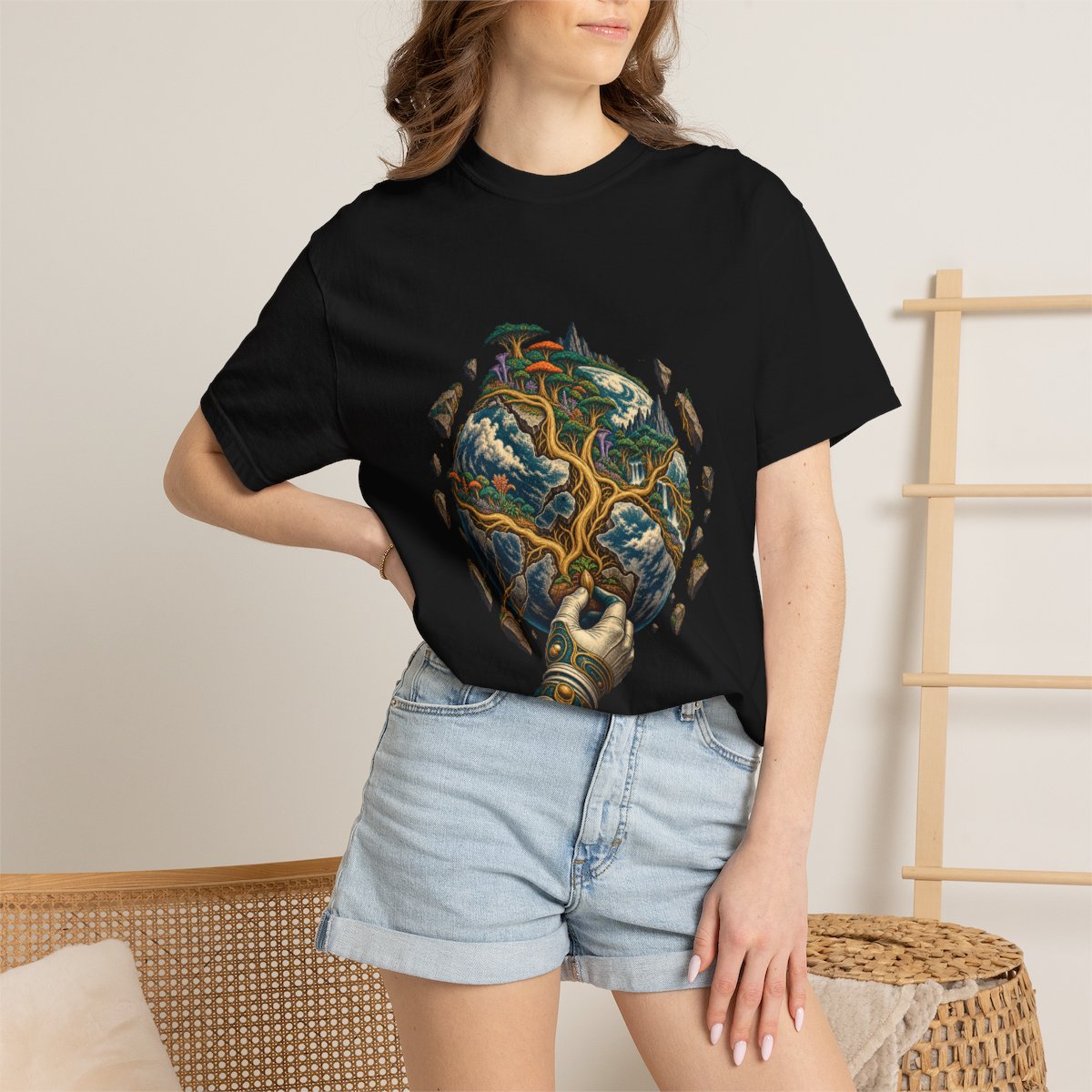 Worldroot Tee worn Printify context view on a Black Comfort Colors 1717 tee