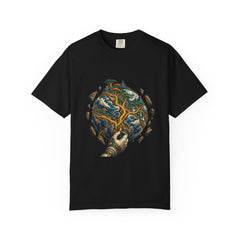 Worldroot Tee large front print on a Black Comfort Colors 1717 tee