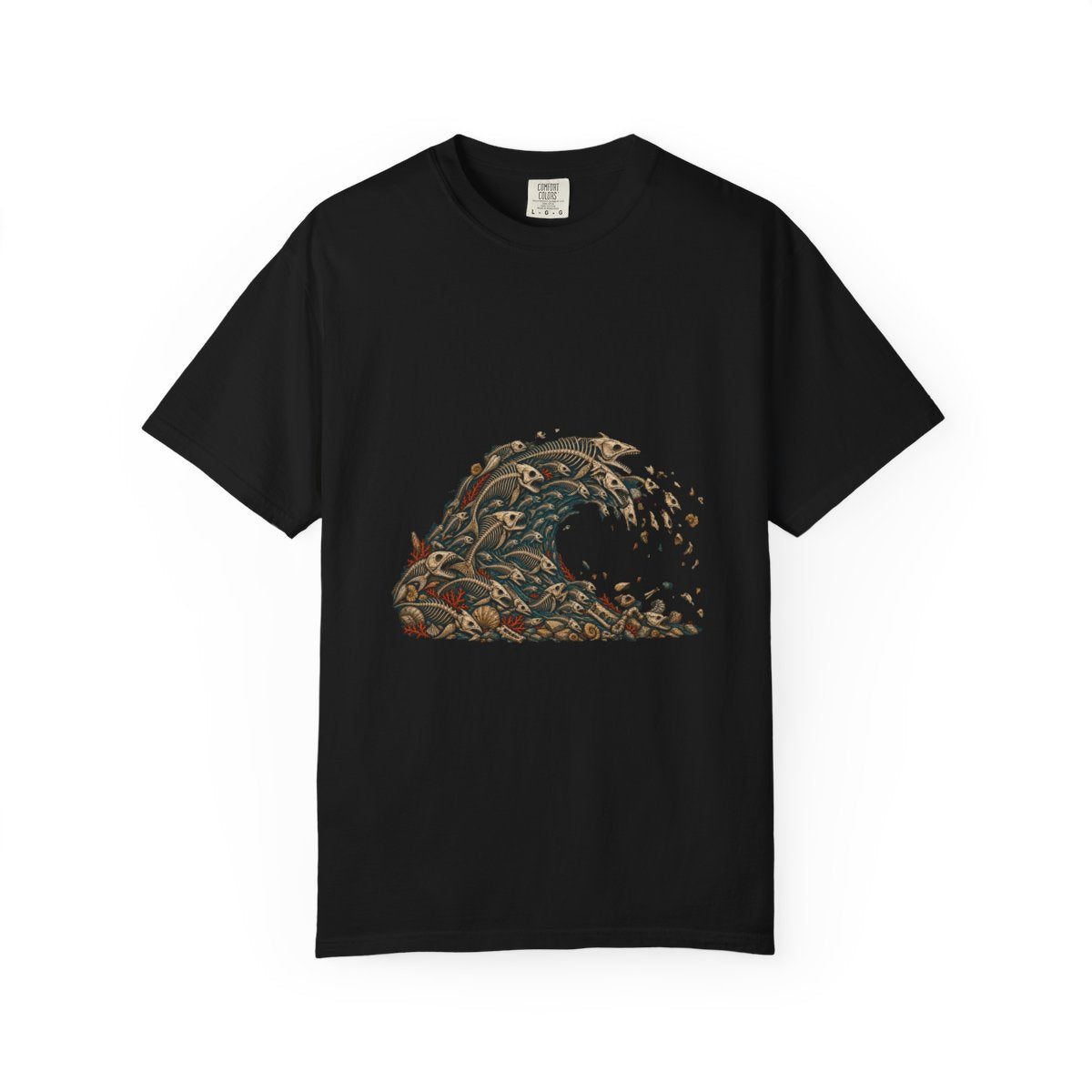 Bone Current Tee large front print on a Black Comfort Colors 1717 tee
