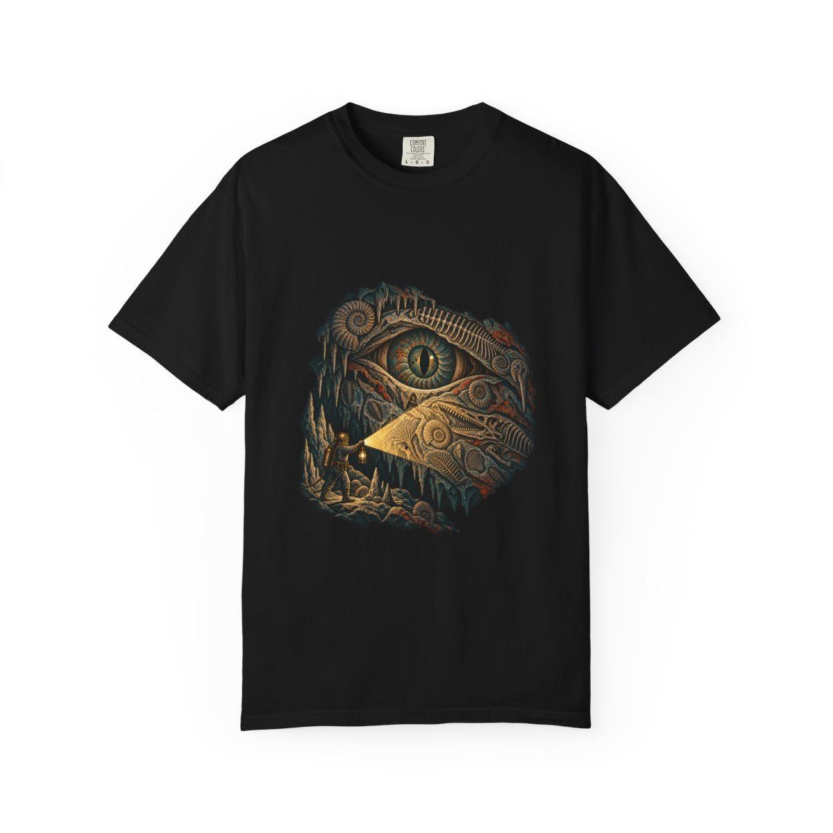 Cave Eye Tee large front print on a Black Comfort Colors 1717 tee