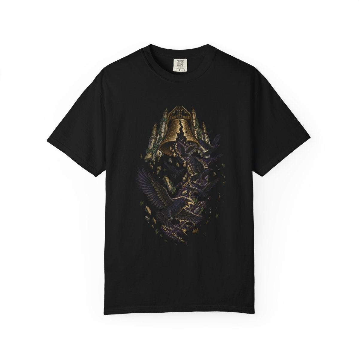 Bell Tower Hex Tee large front print on a Black Comfort Colors 1717 tee