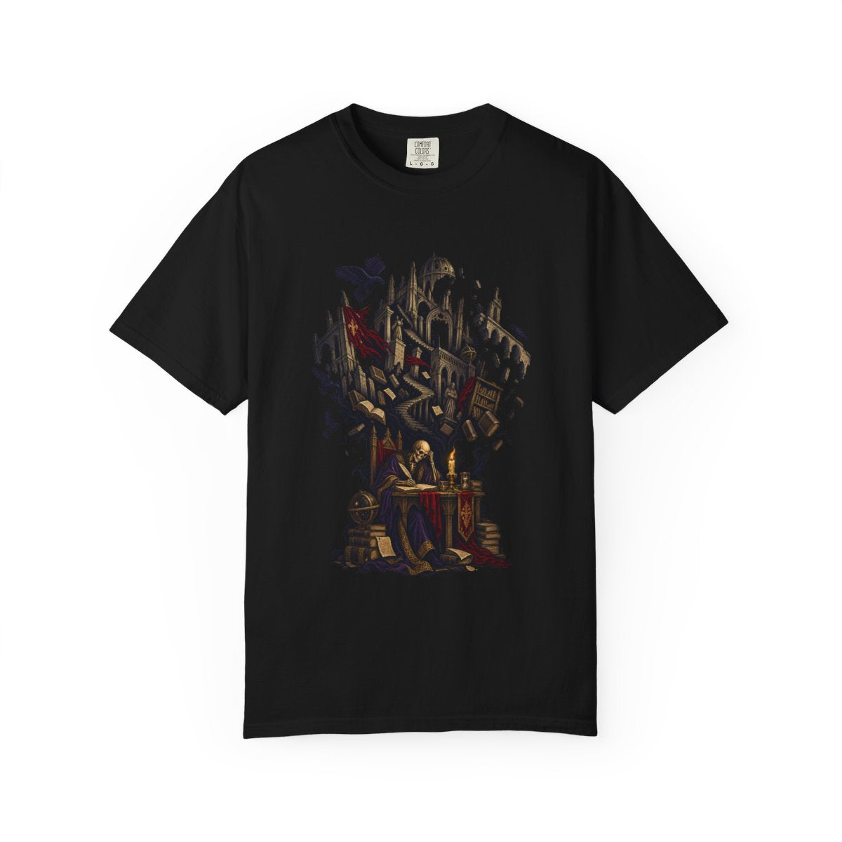 Last Scholar Tee large front print on a Black Comfort Colors 1717 tee