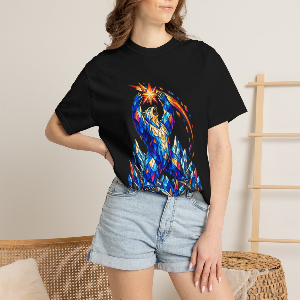 Starcatch Bear Tee worn Printify context view on a Black Comfort Colors 1717 tee