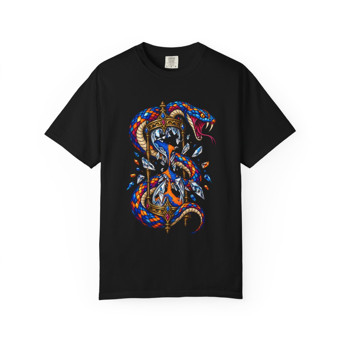 Timecoil Tee large front print on a Black Comfort Colors 1717 tee