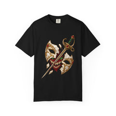 Red Grin Mask Tee large front print on a Black Comfort Colors 1717 tee