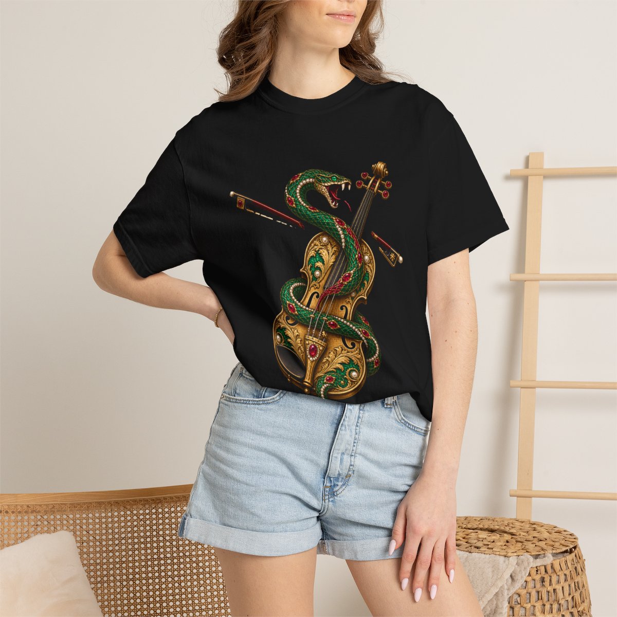 Viper Strings Tee worn Printify context view on a Black Comfort Colors 1717 tee