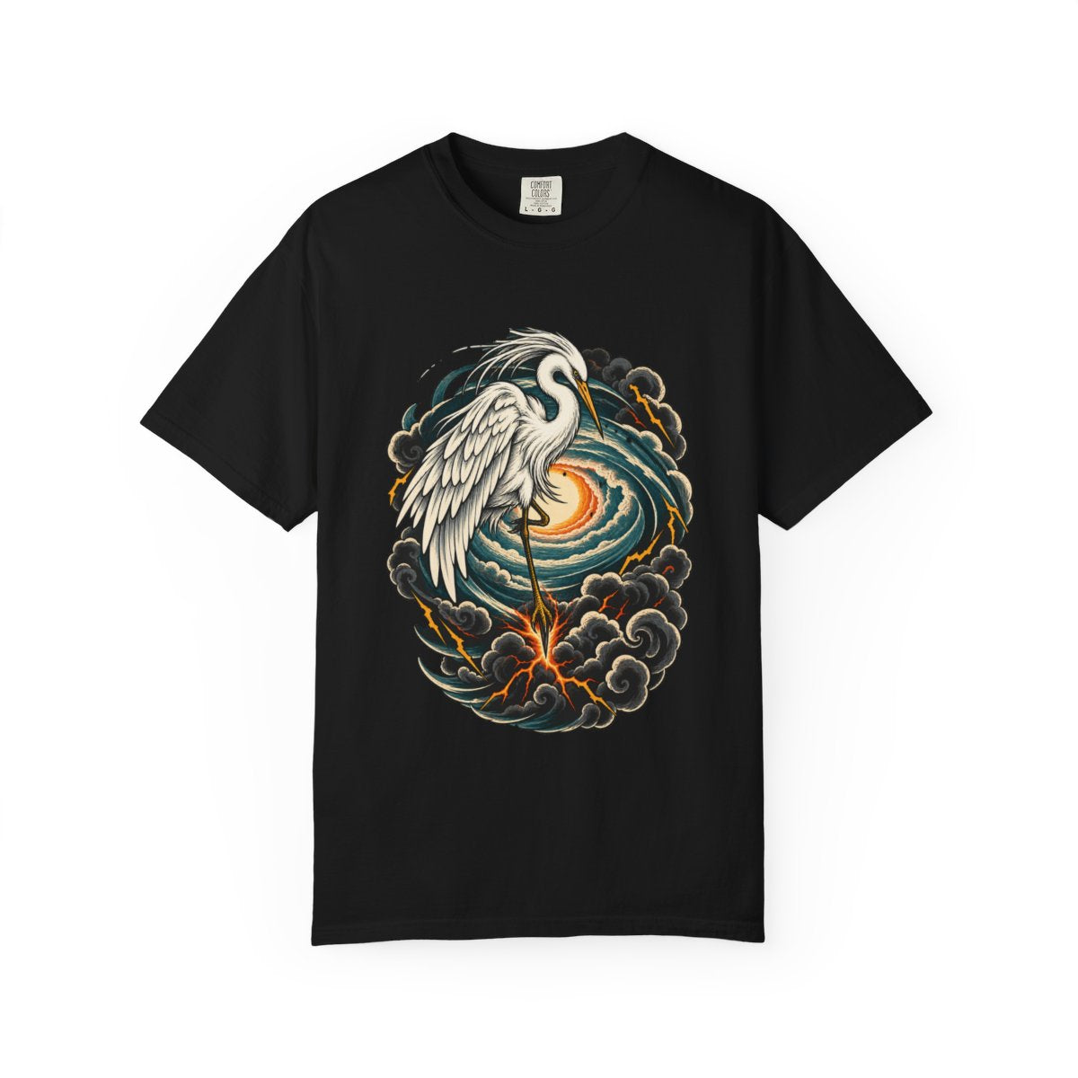 Cyclone Egret Tee large front print on a Black Comfort Colors 1717 tee