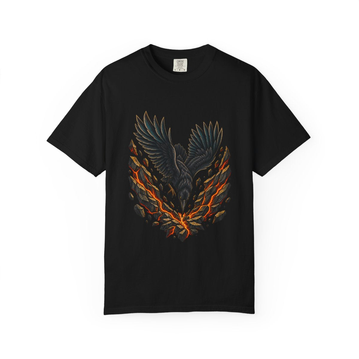 Faultline Crow Tee large front print on a Black Comfort Colors 1717 tee