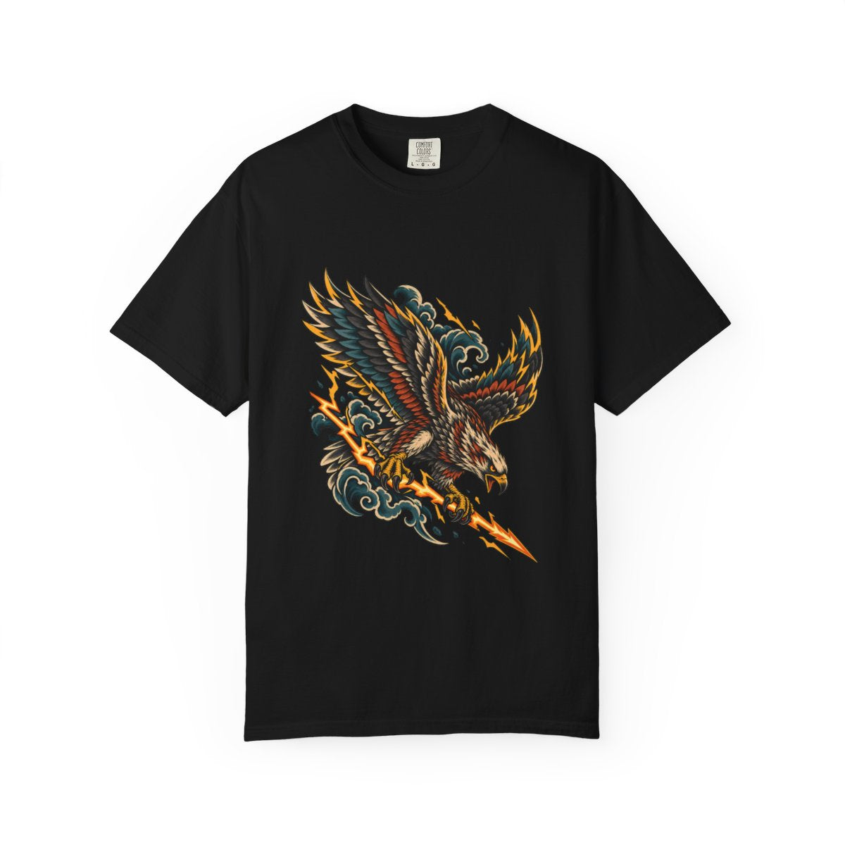 Thunderstrike Hawk Tee large front print on a Black Comfort Colors 1717 tee