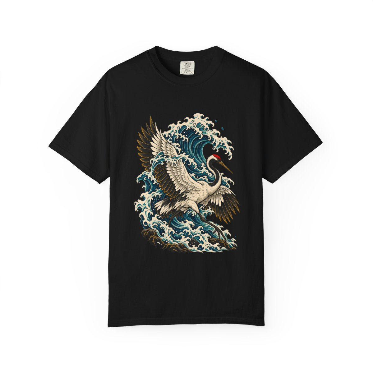 Tidal Crane Tee large front print on a Black Comfort Colors 1717 tee