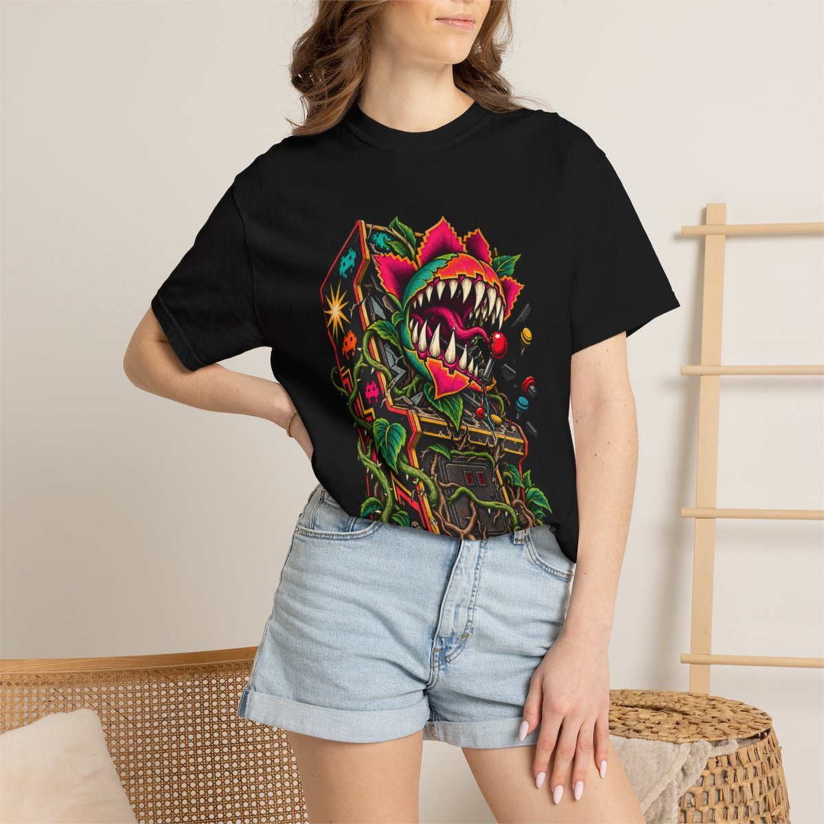Boss Bloom Tee worn Printify context view on a Black Comfort Colors 1717 tee