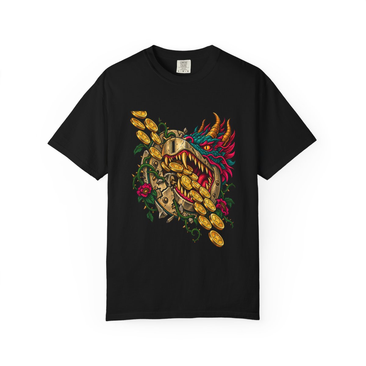 Dragon Coin Tee large front print on a Black Comfort Colors 1717 tee