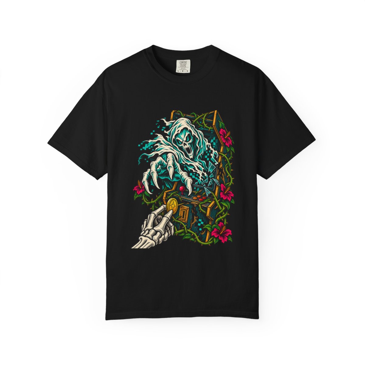 Ghost Quarter Tee large front print on a Black Comfort Colors 1717 tee