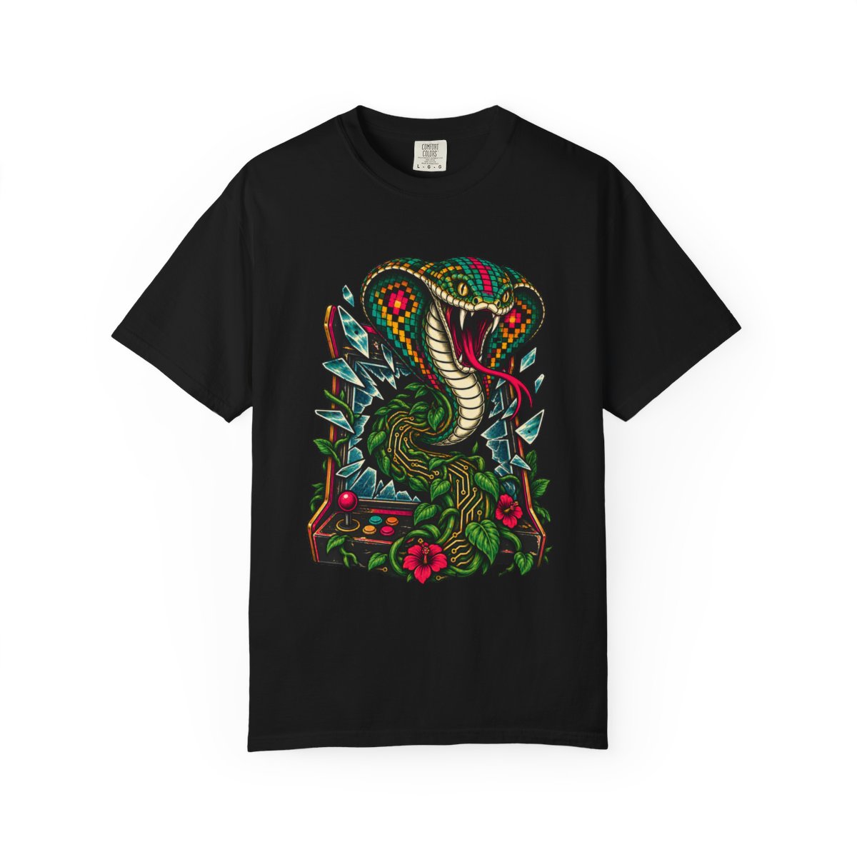 Pixel Viper Tee large front print on a Black Comfort Colors 1717 tee