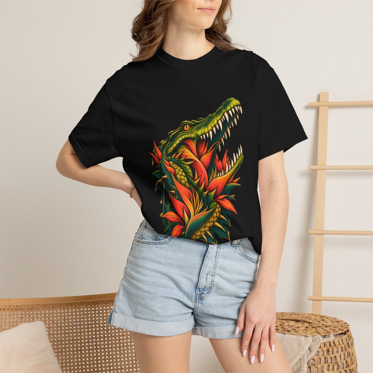 Bloomjaw Tee worn Printify context view on a Black Comfort Colors 1717 tee