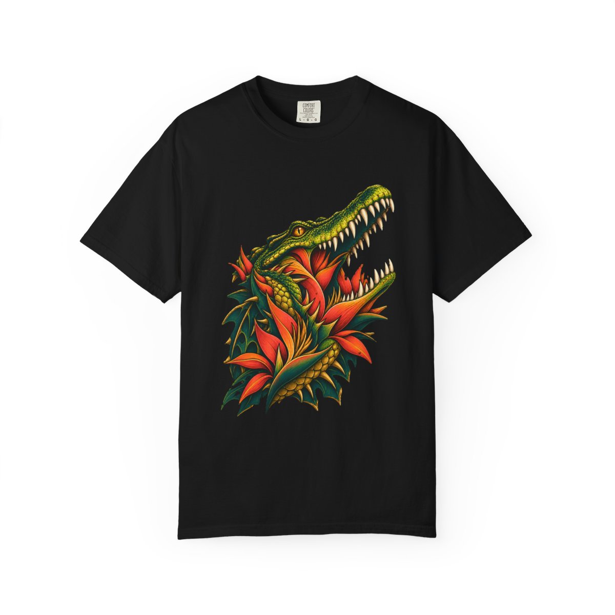Bloomjaw Tee large front print on a Black Comfort Colors 1717 tee