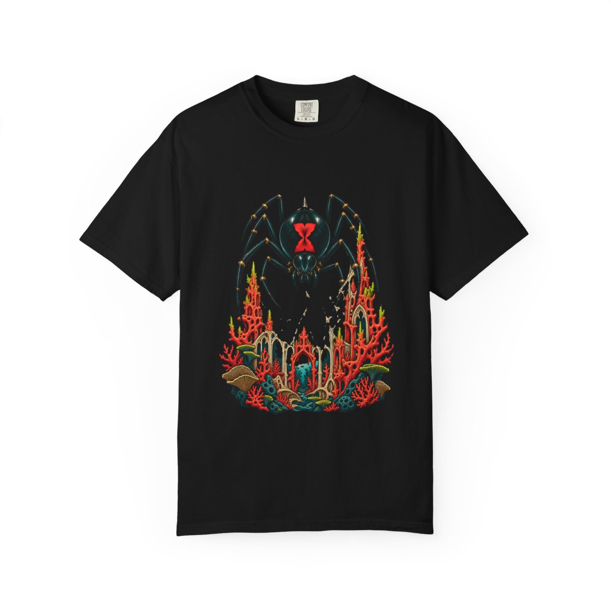 Coral Widow Tee large front print on a Black Comfort Colors 1717 tee