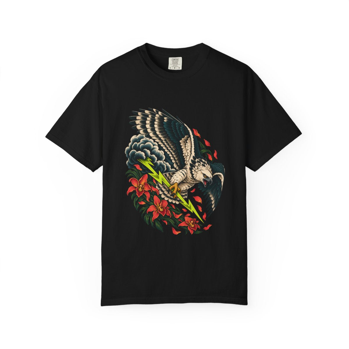 Stormbeak Tee large front print on a Black Comfort Colors 1717 tee