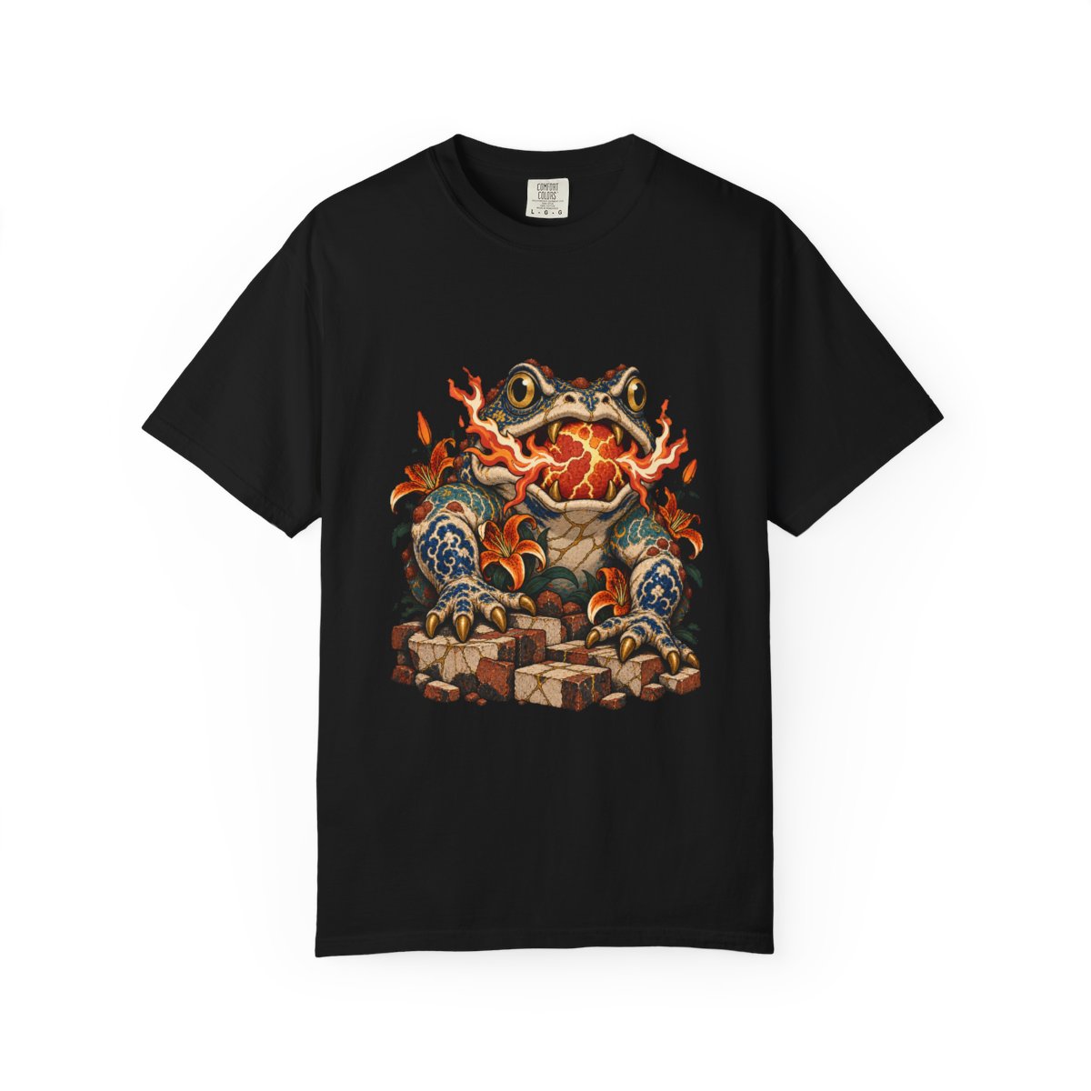 Ash Toad Tee large front print on a Black Comfort Colors 1717 tee