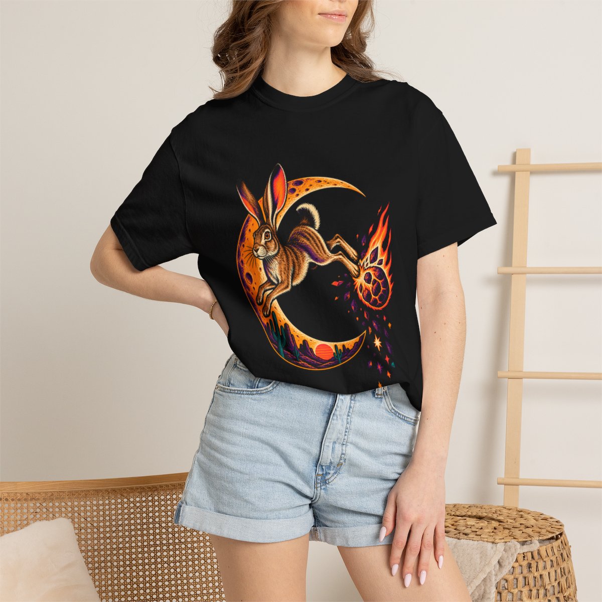 Comet Jack Tee worn Printify context view on a Black Comfort Colors 1717 tee