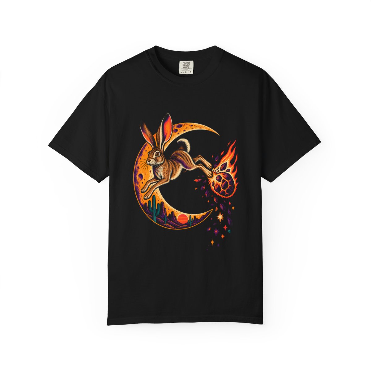 Comet Jack Tee large front print on a Black Comfort Colors 1717 tee