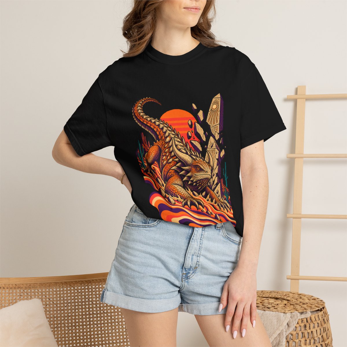 Dunequake Tee worn Printify context view on a Black Comfort Colors 1717 tee